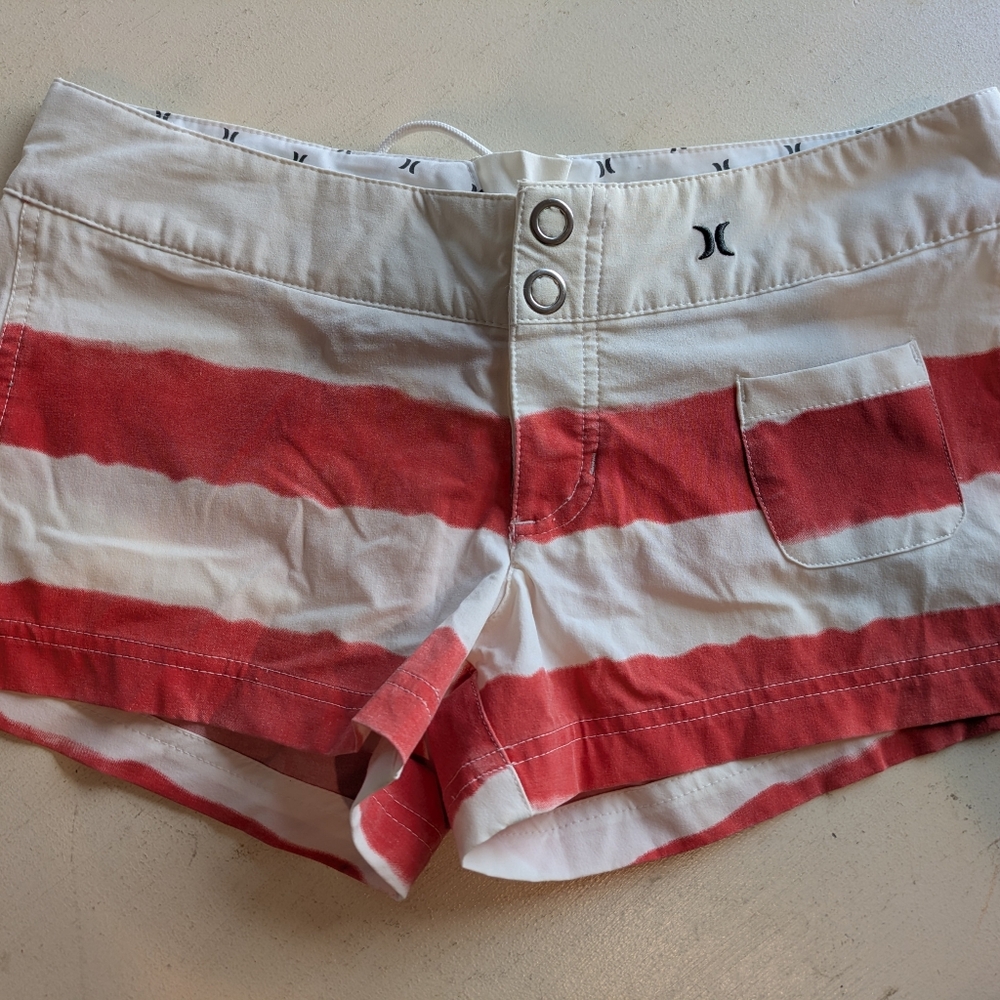 Hurley Red and White Striped Shorts